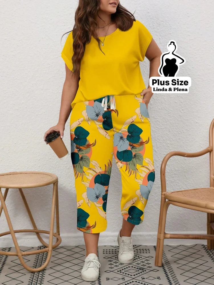 Conjunto com Blusa Básica e Calça Camuflada Plus Size Amarela / G Conjunto com Blusa Básica e Calça Camuflada Plus Size