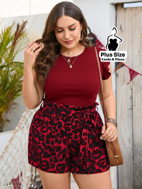 Conjunto com Blusa Básica e Shorts Estampa Animal Print Plus Size Vermelho / G Conjunto com Blusa Básica e Shorts