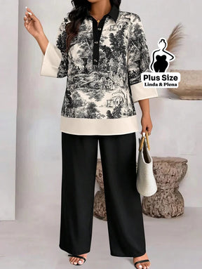 Conjunto com Blusa Estampada e Calça Pantalona Plus Size Conjunto com Blusa Estampada e Calça Pantalona Plus Size