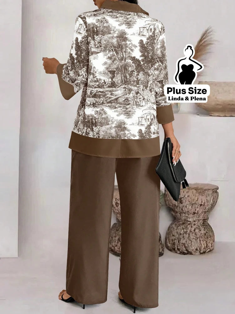 Conjunto com Blusa Estampada e Calça Pantalona Plus Size Conjunto com Blusa Estampada e Calça Pantalona Plus Size