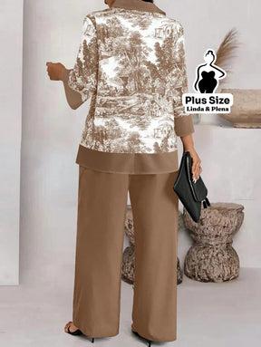 Conjunto com Blusa Estampada e Calça Pantalona Plus Size Conjunto com Blusa Estampada e Calça Pantalona Plus Size