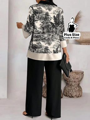 Conjunto com Blusa Estampada e Calça Pantalona Plus Size Conjunto com Blusa Estampada e Calça Pantalona Plus Size