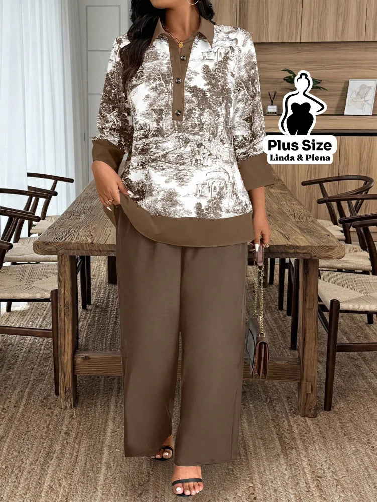 Conjunto com Blusa Estampada e Calça Pantalona Plus Size Caqui / G Conjunto com Blusa Estampada e Calça Pantalona Plus