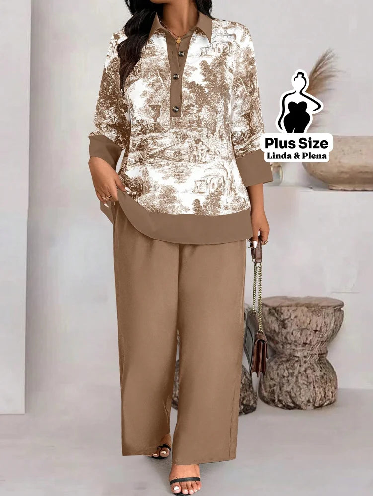 Conjunto com Blusa Estampada e Calça Pantalona Plus Size Marrom Claro / G Conjunto com Blusa Estampada e Calça