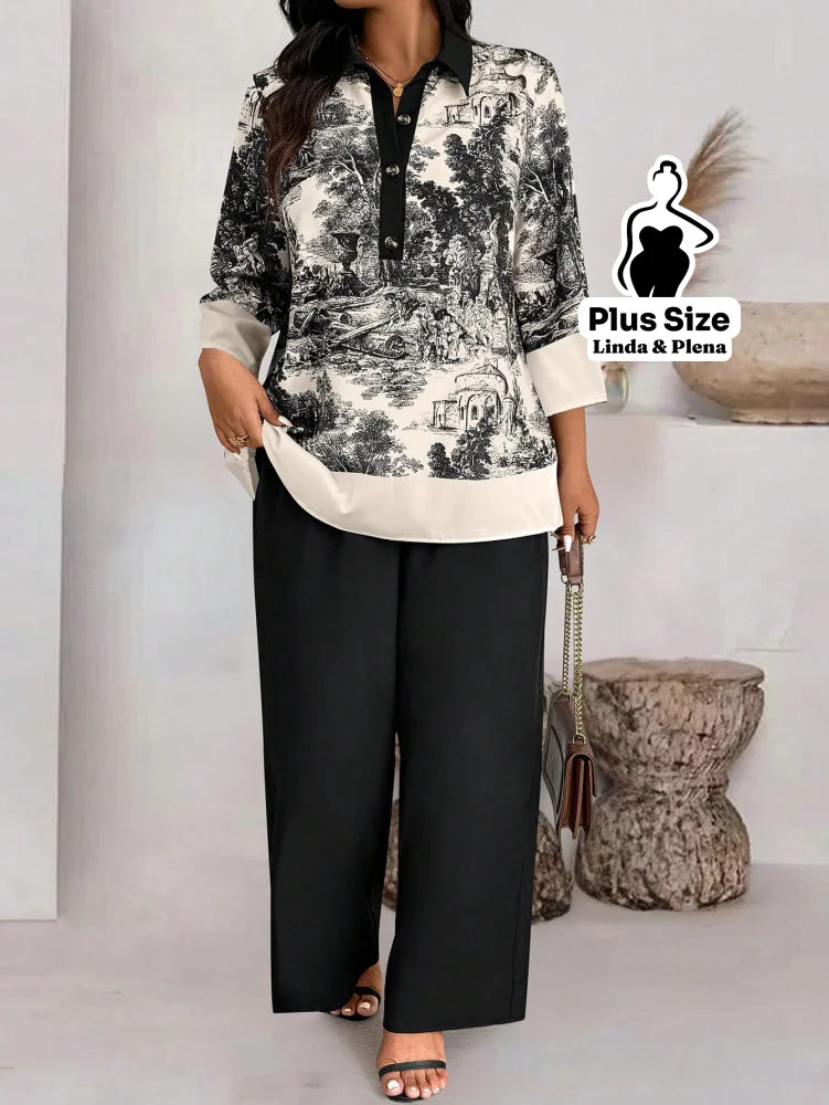 Conjunto com Blusa Estampada e Calça Pantalona Plus Size Preto e Branco / G Conjunto com Blusa Estampada e Calça