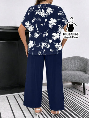 Conjunto com Blusa Estampada e Calça Solta Plus Size Conjunto com Blusa Estampada e Calça Solta Plus Size