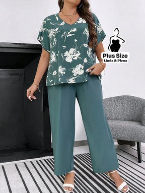 Conjunto com Blusa Estampada e Calça Solta Plus Size Conjunto com Blusa Estampada e Calça Solta Plus Size