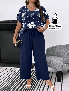 Conjunto com Blusa Estampada e Calça Solta Plus Size Conjunto com Blusa Estampada e Calça Solta Plus Size