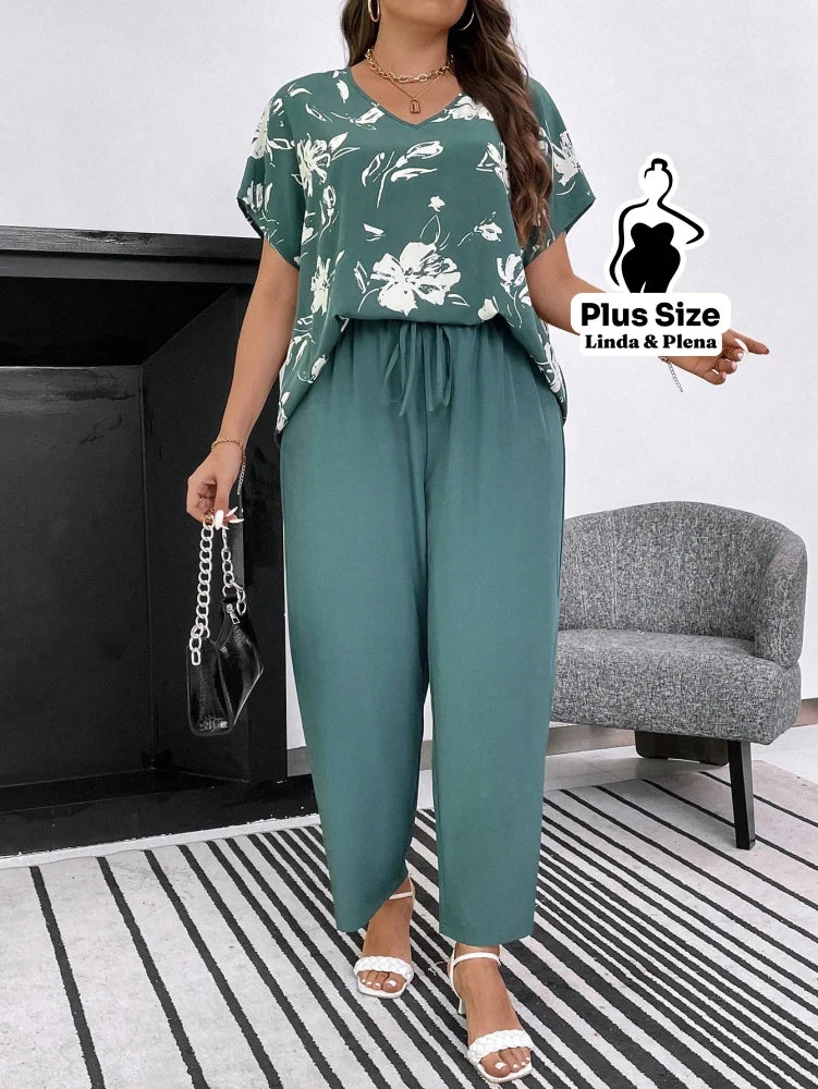 Conjunto com Blusa Estampada e Calça Solta Plus Size Verde Claro / G Conjunto com Blusa Estampada e Calça Solta Plus
