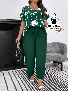 Conjunto com Blusa Estampada e Calça Solta Plus Size Verde / G Conjunto com Blusa Estampada e Calça Solta Plus Size