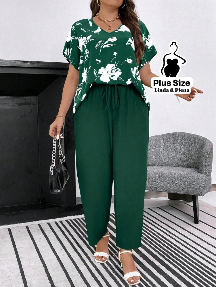 Conjunto com Blusa Estampada e Calça Solta Plus Size Verde / G Conjunto com Blusa Estampada e Calça Solta Plus Size
