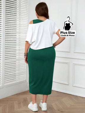 Conjunto com Blusa Estampada e Saia Midi Justa Plus Size Conjunto com Blusa Estampada e Saia Midi Justa Plus Size