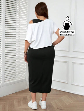 Conjunto com Blusa Estampada e Saia Midi Justa Plus Size Conjunto com Blusa Estampada e Saia Midi Justa Plus Size