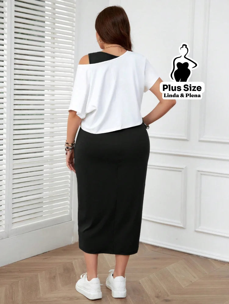 Conjunto com Blusa Estampada e Saia Midi Justa Plus Size Conjunto com Blusa Estampada e Saia Midi Justa Plus Size