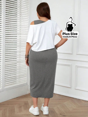 Conjunto com Blusa Estampada e Saia Midi Justa Plus Size Conjunto com Blusa Estampada e Saia Midi Justa Plus Size