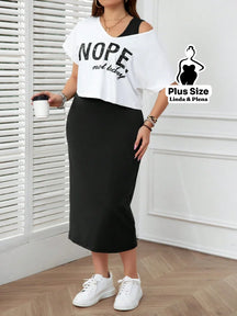 Conjunto com Blusa Estampada e Saia Midi Justa Plus Size Preto / G Conjunto com Blusa Estampada e Saia Midi Justa Plus