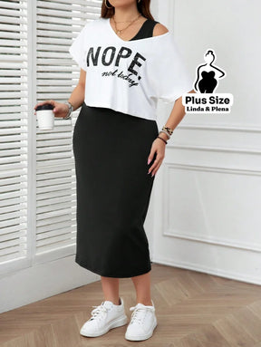Conjunto com Blusa Estampada e Saia Midi Justa Plus Size Preto / G Conjunto com Blusa Estampada e Saia Midi Justa Plus