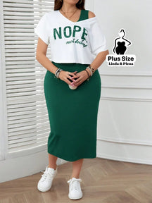 Conjunto com Blusa Estampada e Saia Midi Justa Plus Size Verde Escuro / G Conjunto com Blusa Estampada e Saia Midi