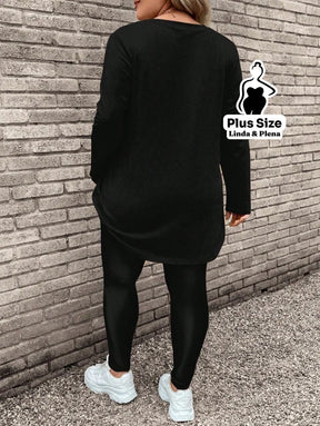 Conjunto com Blusa Listrada e Legging Estampada Plus Size Conjunto com Blusa Listrada e Legging Estampada Plus Size
