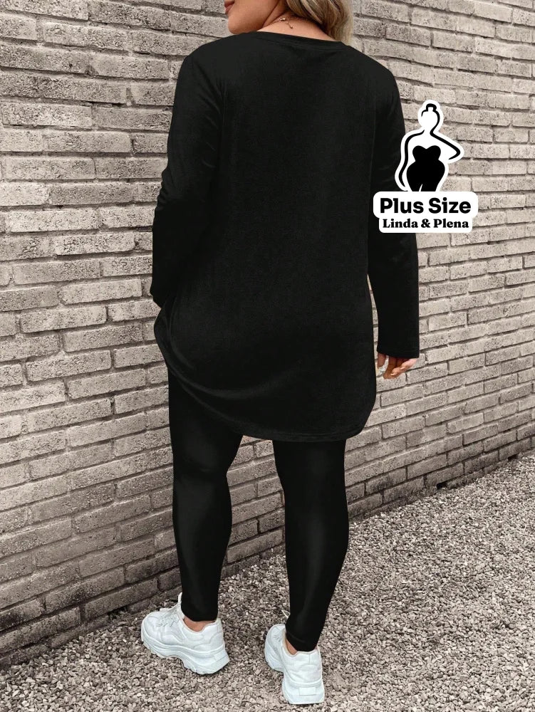 Conjunto com Blusa Listrada e Legging Estampada Plus Size Conjunto com Blusa Listrada e Legging Estampada Plus Size