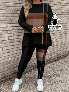 Conjunto com Blusa Listrada e Legging Estampada Plus Size Conjunto com Blusa Listrada e Legging Estampada Plus Size