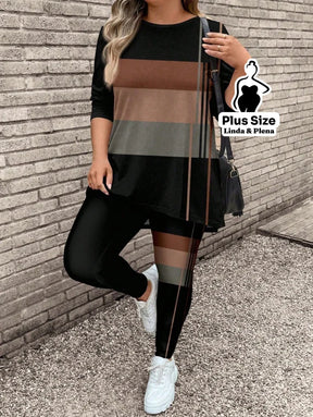 Conjunto com Blusa Listrada e Legging Estampada Plus Size Conjunto com Blusa Listrada e Legging Estampada Plus Size
