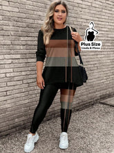 Conjunto com Blusa Listrada e Legging Estampada Plus Size Conjunto com Blusa Listrada e Legging Estampada Plus Size