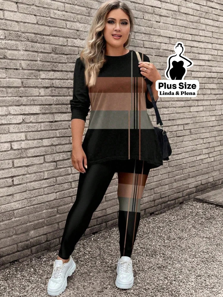 Conjunto com Blusa Listrada e Legging Estampada Plus Size Conjunto com Blusa Listrada e Legging Estampada Plus Size