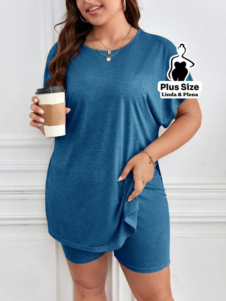 Conjunto com Blusa Longa e Shorts Confortável Plus Size Azul / G Conjunto com Blusa Longa e Shorts Confortável Plus Size