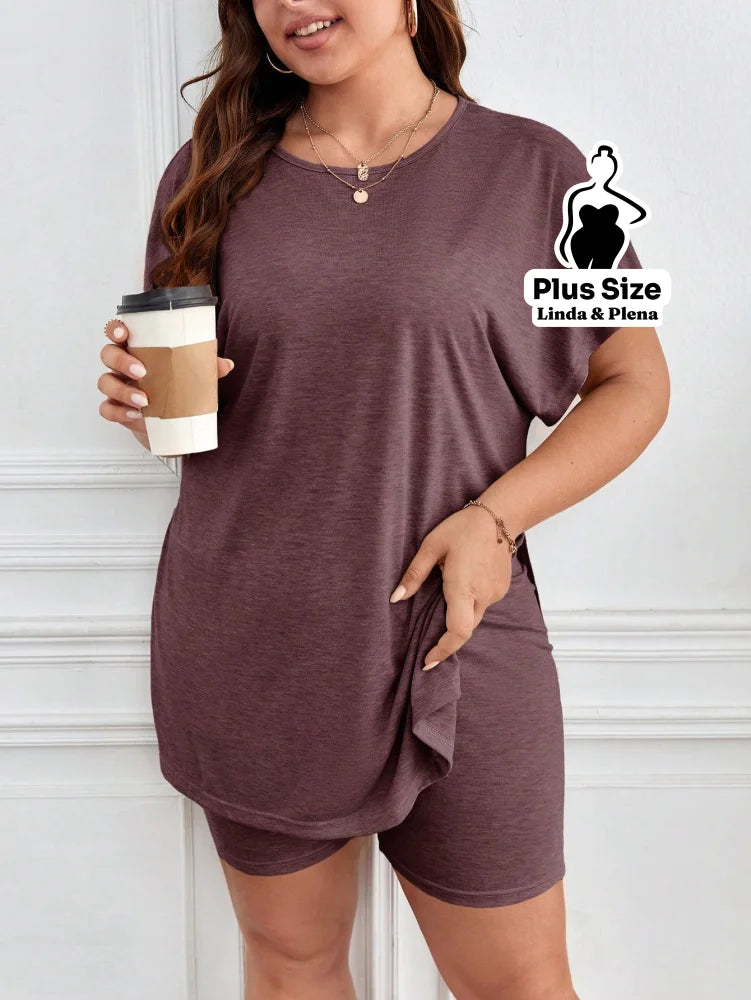 Conjunto com Blusa Longa e Shorts Confortável Plus Size Café / G Conjunto com Blusa Longa e Shorts Confortável Plus Size