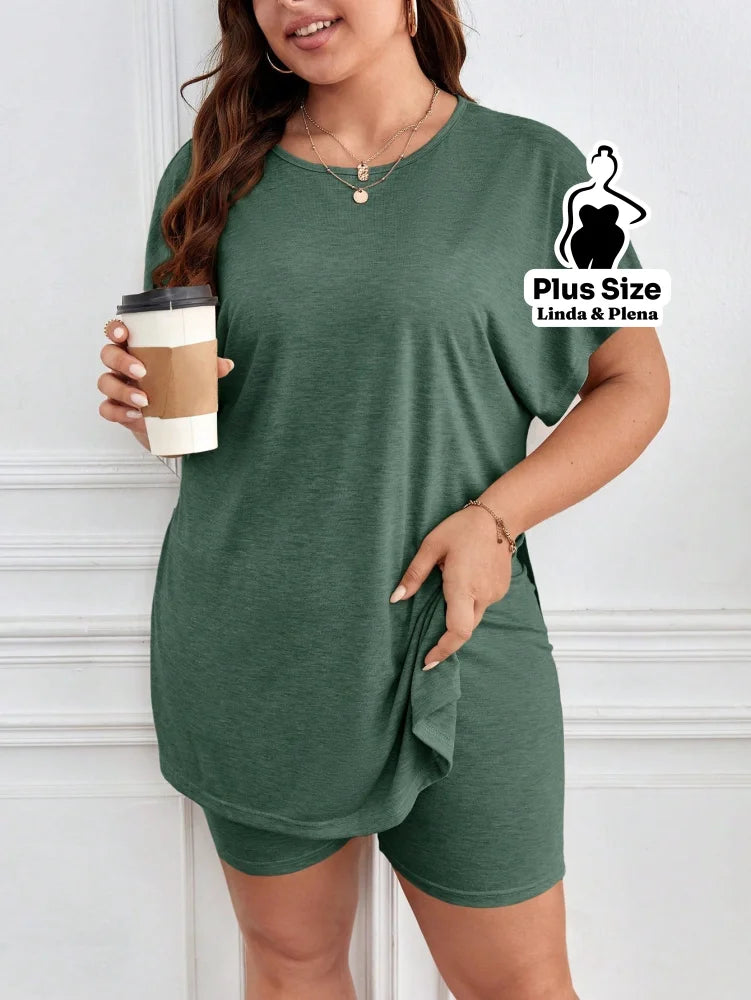 Conjunto com Blusa Longa e Shorts Confortável Plus Size Verde / G Conjunto com Blusa Longa e Shorts Confortável Plus