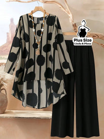 Conjunto com Blusa Longa Estampada e Calça Reta Plus Size Cinza / G Conjunto com Blusa Longa Estampada e Calça Reta