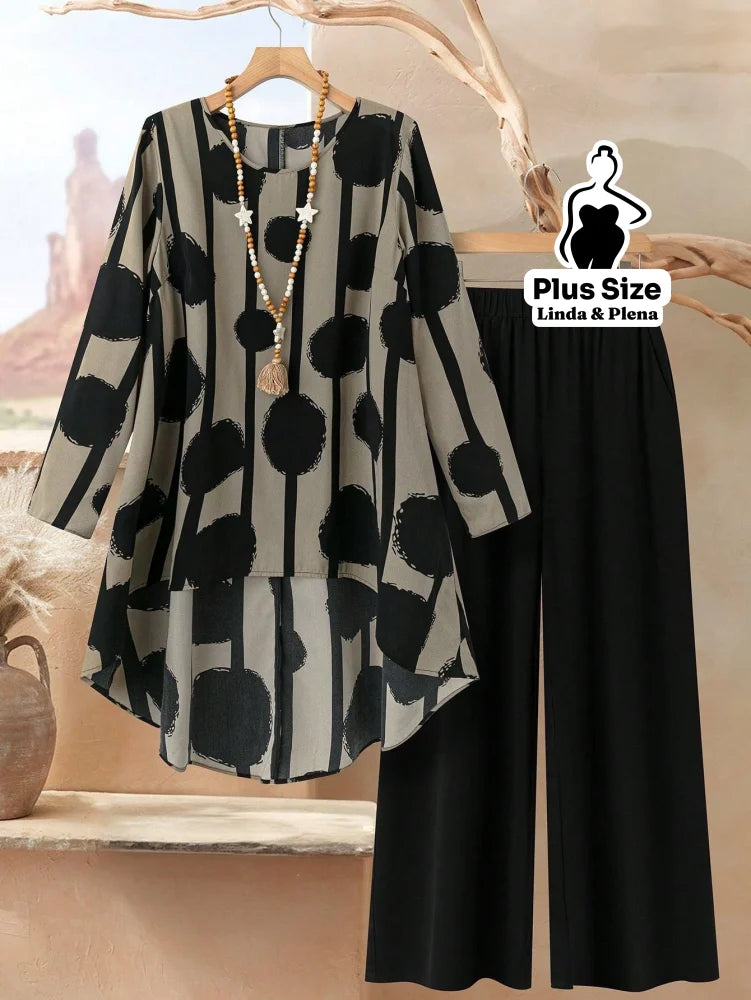 Conjunto com Blusa Longa Estampada e Calça Reta Plus Size Cinza / G Conjunto com Blusa Longa Estampada e Calça Reta