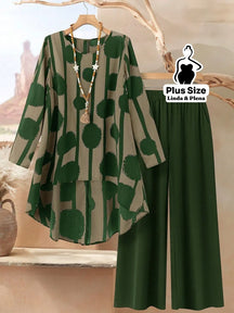 Conjunto com Blusa Longa Estampada e Calça Reta Plus Size Verde / G Conjunto com Blusa Longa Estampada e Calça Reta