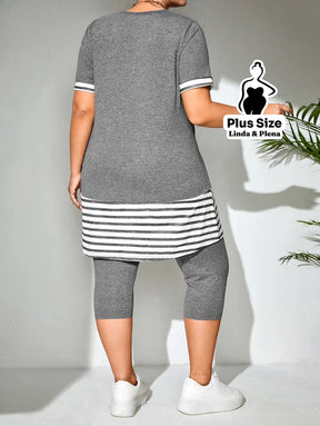 Conjunto com Blusa Longa Listrada e Legging Curta Plus Size Conjunto com Blusa Longa Listrada e Legging Curta Plus Size