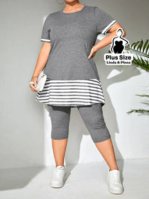 Conjunto com Blusa Longa Listrada e Legging Curta Plus Size Chumbo / G Conjunto com Blusa Longa Listrada e Legging