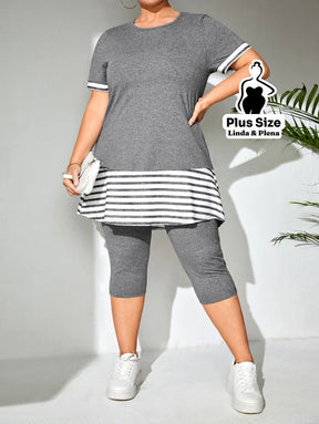 Conjunto com Blusa Longa Listrada e Legging Curta Plus Size Chumbo / G Conjunto com Blusa Longa Listrada e Legging
