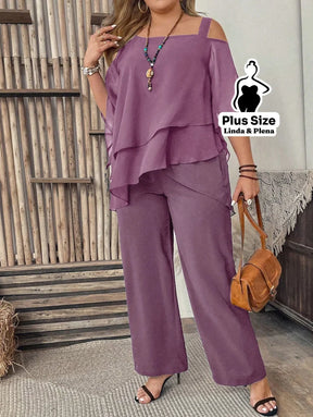 Conjunto com Blusa Ombro Vazado e Babados Plus Size Conjunto com Blusa Ombro Vazado e Babados Plus Size