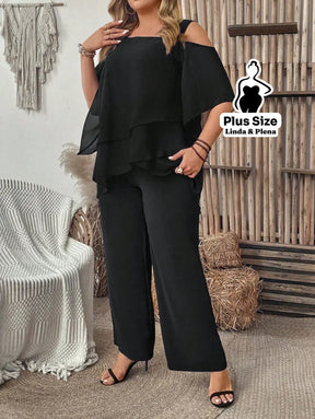 Conjunto com Blusa Ombro Vazado e Babados Plus Size Conjunto com Blusa Ombro Vazado e Babados Plus Size