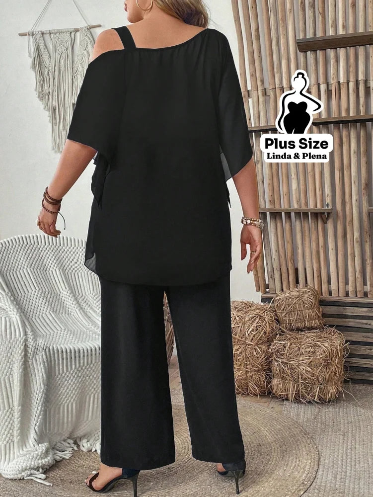 Conjunto com Blusa Ombro Vazado e Babados Plus Size Conjunto com Blusa Ombro Vazado e Babados Plus Size