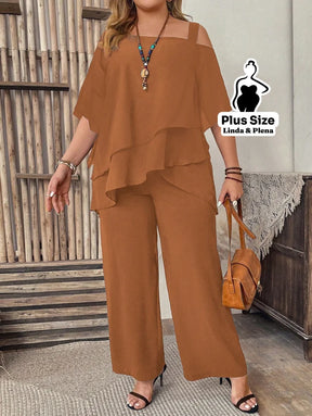 Conjunto com Blusa Ombro Vazado e Babados Plus Size Castanho / G Conjunto com Blusa Ombro Vazado e Babados Plus Size