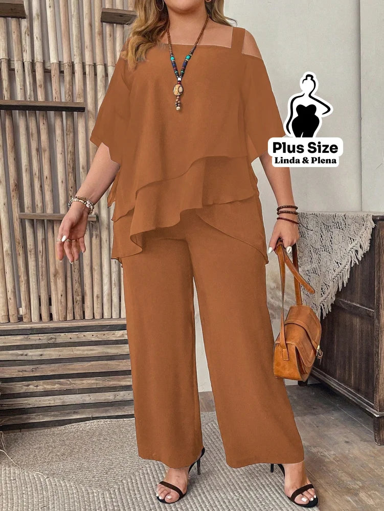Conjunto com Blusa Ombro Vazado e Babados Plus Size Castanho / G Conjunto com Blusa Ombro Vazado e Babados Plus Size