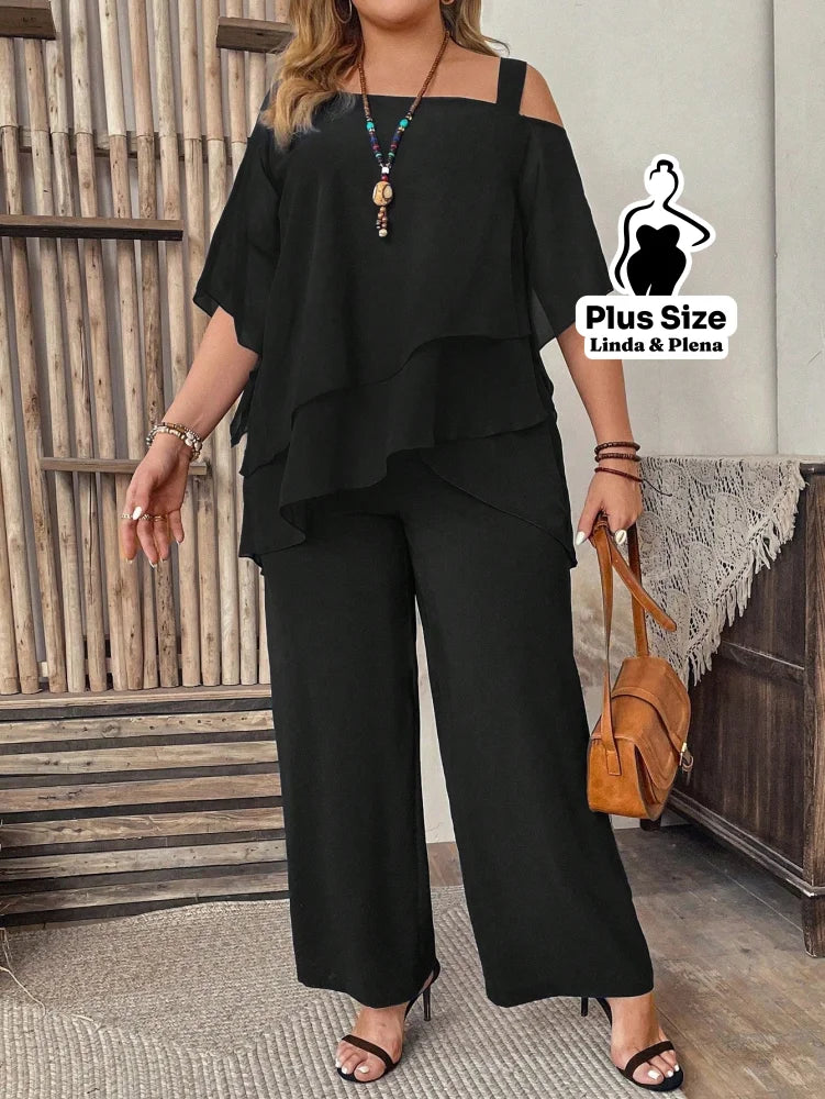 Conjunto com Blusa Ombro Vazado e Babados Plus Size Preto / G Conjunto com Blusa Ombro Vazado e Babados Plus Size