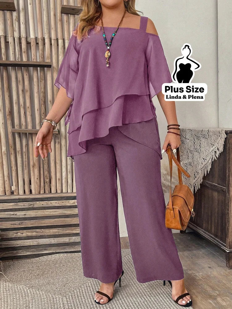 Conjunto com Blusa Ombro Vazado e Babados Plus Size Púrpura / G Conjunto com Blusa Ombro Vazado e Babados Plus Size
