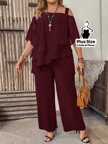 Conjunto com Blusa Ombro Vazado e Babados Plus Size Vinho / G Conjunto com Blusa Ombro Vazado e Babados Plus Size