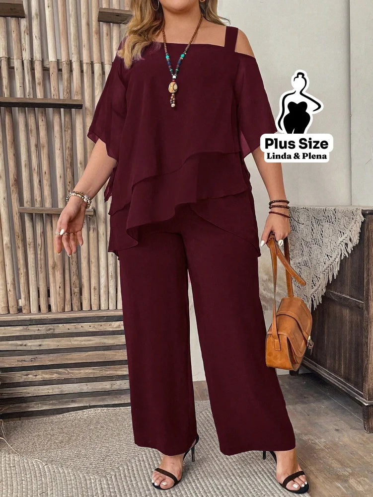 Conjunto com Blusa Ombro Vazado e Babados Plus Size Vinho / G Conjunto com Blusa Ombro Vazado e Babados Plus Size