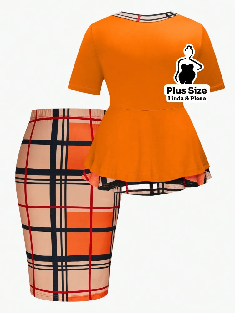 Conjunto com Blusa Peplum e Saia Justa Estampada Plus Size Conjunto com Blusa Peplum e Saia Justa Estampada Plus Size