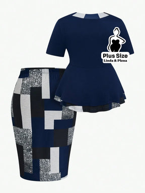 Conjunto com Blusa Peplum e Saia Justa Estampada Plus Size Conjunto com Blusa Peplum e Saia Justa Estampada Plus Size