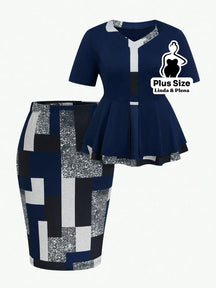 Conjunto com Blusa Peplum e Saia Justa Estampada Plus Size Azul Marinho / G Conjunto com Blusa Peplum e Saia Justa
