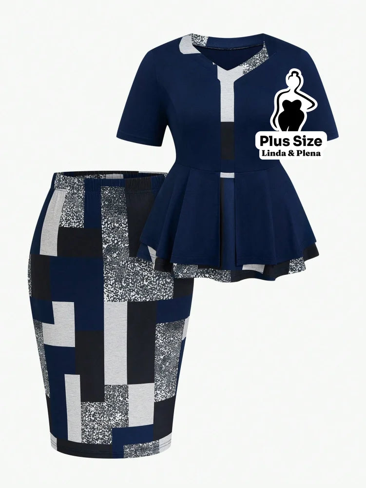 Conjunto com Blusa Peplum e Saia Justa Estampada Plus Size Azul Marinho / G Conjunto com Blusa Peplum e Saia Justa